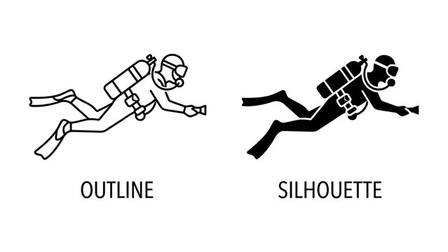 Scuba Diver Outline and Silhouette: Two graphic representations showcase a scuba diver in action, one as a clean outline and the other as a bold silhouette.