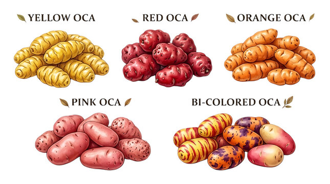 Oca root vegetable varieties illustration, colorful Oxalis tuberosa tubers set, botanical watercolor style food graphics on white background