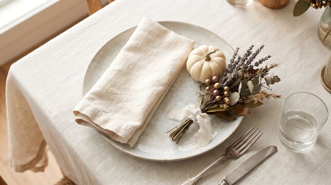 Elegant White Table Setting for Thanksgiving Dinner Thanksgiving