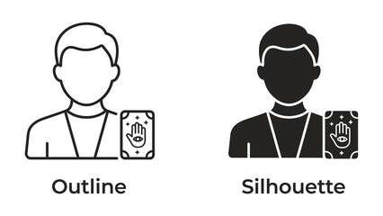 Fototapeta premium Fortune Teller Icon: Two contrasting icons, an outline and a silhouette, depict a fortune teller holding a card adorned with mystical symbols like an eye and a hand.