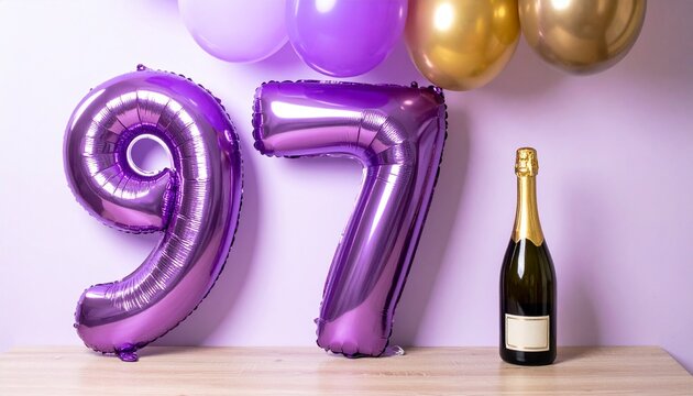 Number 97 Balloon with Champagne Bottle. Purple and Gold Theme for Birthday or Anniversary Celebration