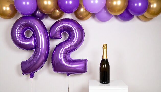 Number 92 Balloon with Champagne Bottle. Purple and Gold Theme for Birthday or Anniversary Celebration