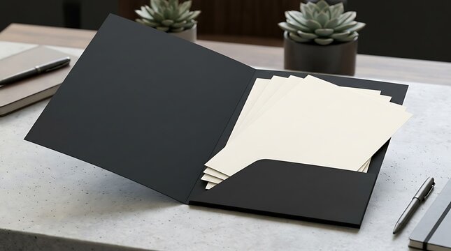 Black presentation folder with white papers and a metal pen on a clean modern office desk with small green plant decor