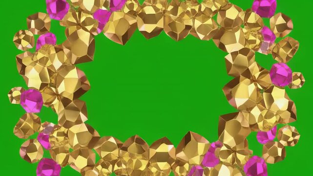 Golden floral frames with pink gems emerging from green screen background for event invitations