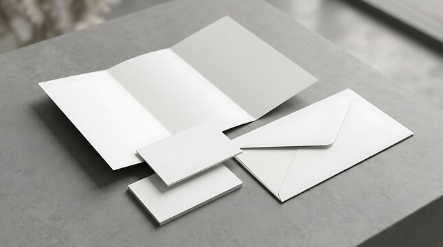 Blank white stationery mockup with folded brochure business cards and envelope on a grey stone table surface top view