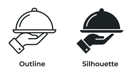 Fototapeta premium Food Service Icons: A set of stylized icons representing food service, featuring a hand holding a covered dish in both outline and silhouette forms.