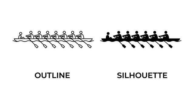 Rowing Team Silhouette and Outline: A clear comparison showcasing a rowing team in both outline and silhouette form, depicting synchronized effort and the essence of competitive sport.
