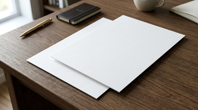 Blank white paper sheets with a pen and a small notebook on a dark desk for business planning or creative writing