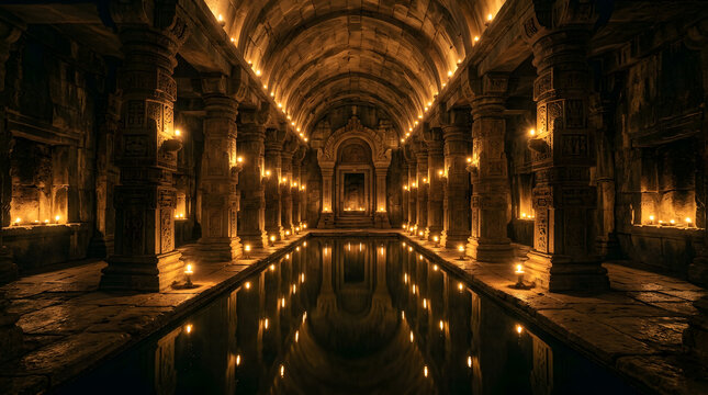 Ancient stone temple hall with a reflective water pool and candlelight
