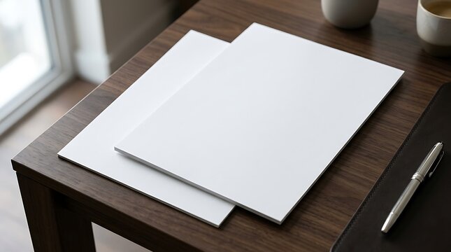 Two empty blank white paper sheets lying on a dark wooden office desk with a silver pen and coffee cup in the corner