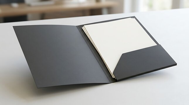 Open black presentation folder with white papers lying on a clean office desk in a professional work environment setting