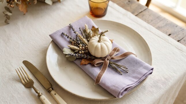 Elegant Thanksgiving table setting with decorative white pumpkin and lavender napkin Thanksgiving