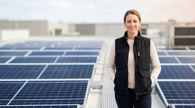 Woman standing on rooftop with solar panels, smiling at camera, clear sky, modern building background, clean energy, sustainability, renewable power, eco-friendly technology, green industry.