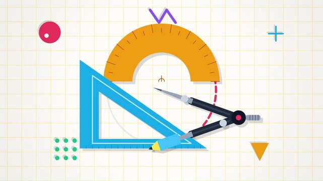 Abstract geometric illustration featuring school supplies and drafting tools on a grid paper background.