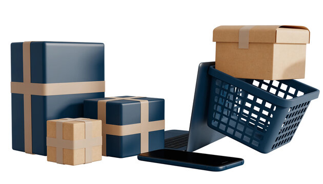 Digital shopping experience featuring laptop smartphone and cardboard delivery packages in shopping basket with showcases rendered composition
