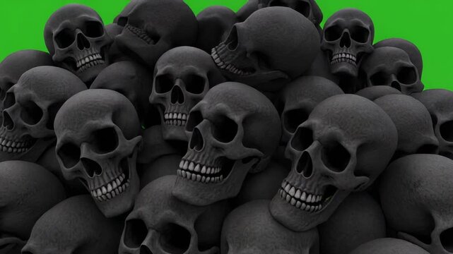 Pile of Black Skulls against a bright green background with subtle camera movement suggesting abundance and mortality