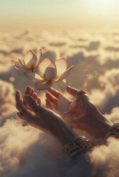 Mani Divine con Fiori di Loto Sopra le Nuvole all'Alba Dorata