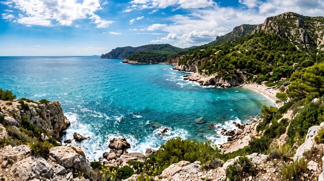 Turquoise Mediterranean Coast. Rocky Seaside Cove. Scenic Coastal Mountain Landscape. Nature Travel Photography