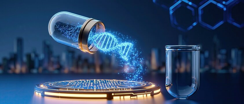 Tech DNA helix pouring out from reagent bottle, futuristic biotechnology, genetic engineering medical science 3D concept