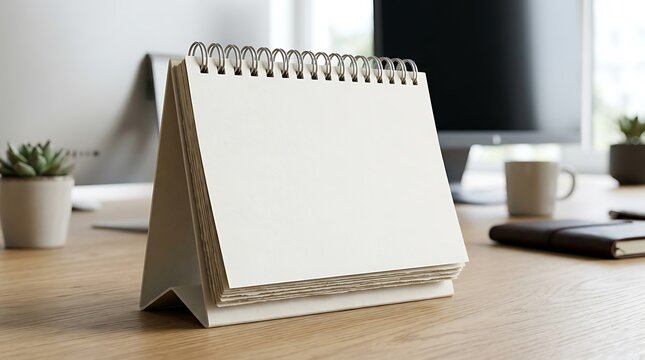 Blank desk calendar standing on an office table with a blurred background showing a modern workspace and coffee cup