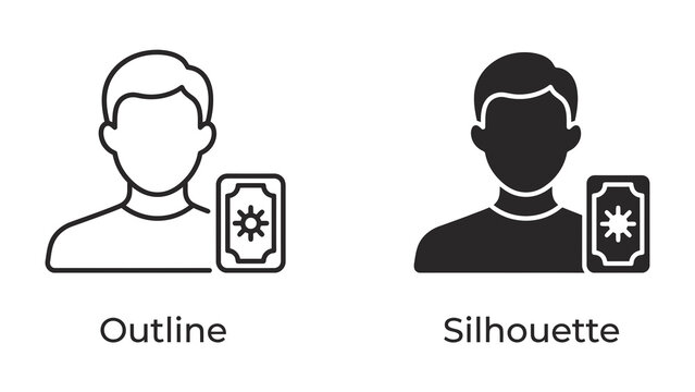 Person Icon with Tarot Card: A simple outline and silhouette icon representing a person standing next to a tarot card, symbolizing divination, mysticism, and guidance.