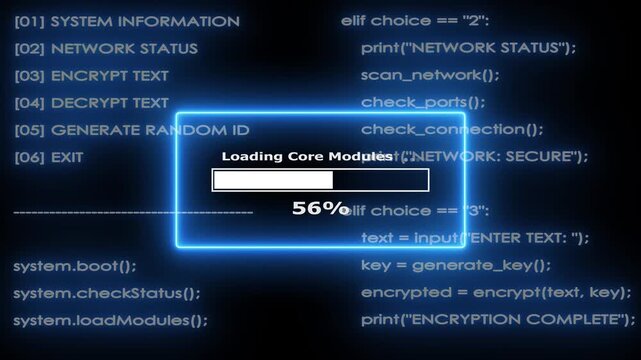 Cyber security loading screen with progress bar digital data and code.