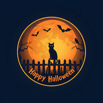 Silhouette of a black cat on a fence against a bright halloween full moon