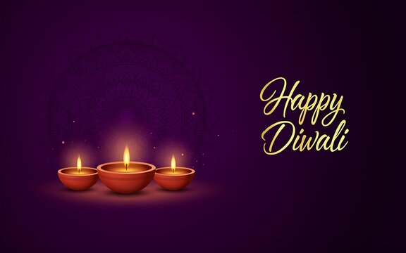 Celebratory happy diwali greeting with glowing oil lamps and elegant gold calligraphy