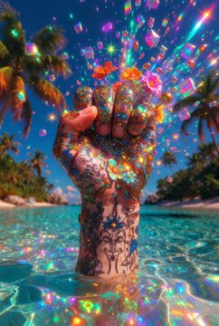 Pugno surreale tatuato che emerge dall'oceano con un'esplosione magica di fiori, cubi e colori vibranti su una spiaggia tropicale