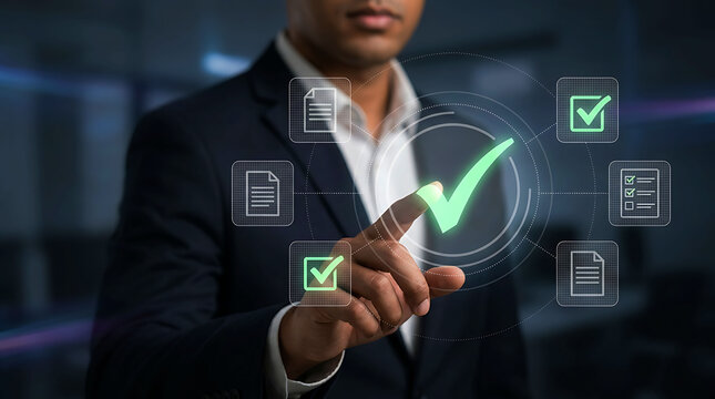 Businessman touching checkmark icon document approval compliance quality control