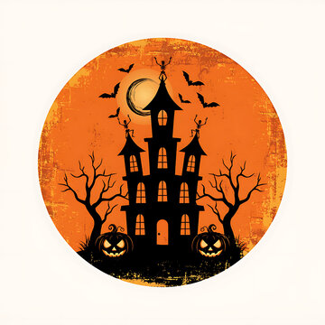 Spooky haunted house silhouette against a full orange moon for halloween night