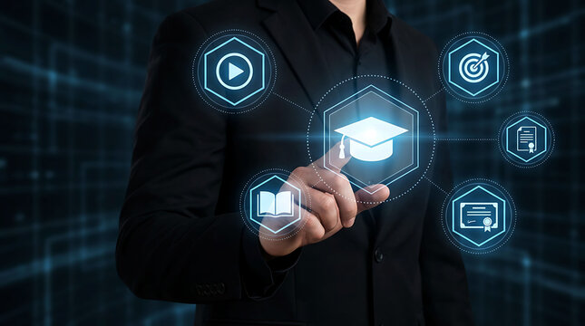 Businessman touching graduation cap icon online education e learning system