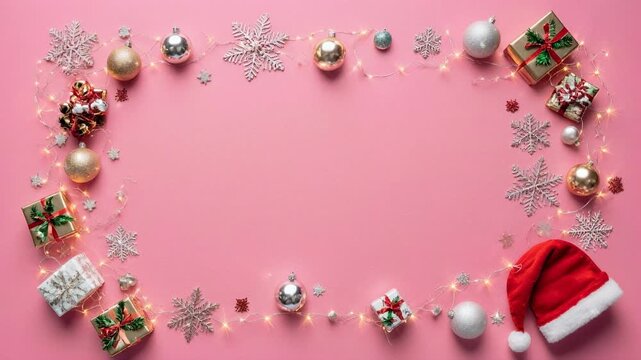 Festive Christmas ornaments and Santa hats arranged on a soft pink background with copy space for text
