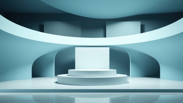Minimalist stage design. Blue lighting creates dramatic effect. Circular platforms, geometric shapes dominate space. Modern presentation backdrop.