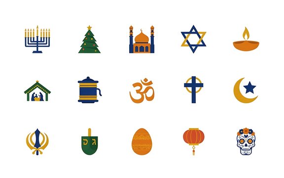 Collection of religious symbols representing diverse faiths and spiritual beliefs around the world