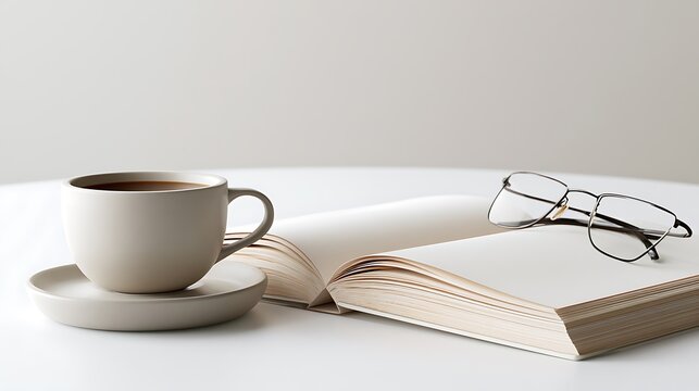 coffee cup and book with glasses on white table