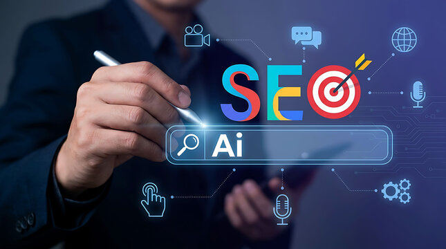 Businessman using stylus pen for AI SEO search engine optimization concept