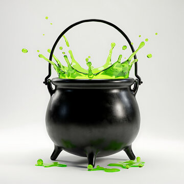 Black cauldron overflowing with vibrant green liquid a magical potion concept