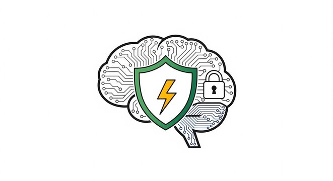 Digital brain with shield and lock symbolizing cybersecurity and artificial intelligence protection.