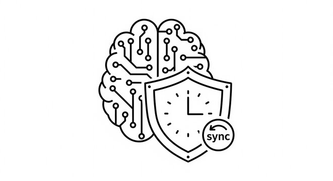 Digital brain with shield and sync icon representing artificial intelligence security and data synchronization.