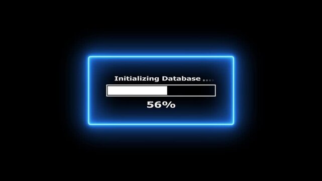 Database initialization process digital animation on black screen with blue glowing frame.