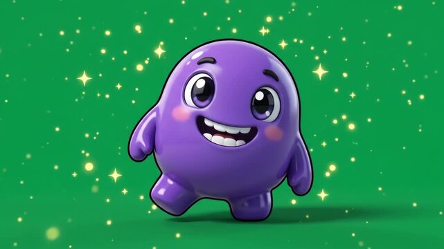 Cute purple cartoon character with sparkling green background, 3D rendered happy blob monster.