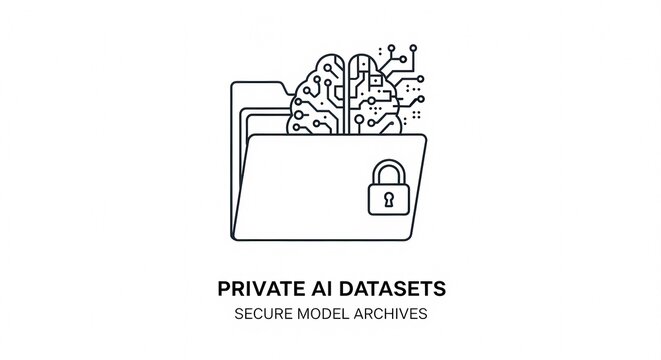 Secure private AI datasets with locked folder and brain icon representing artificial intelligence.