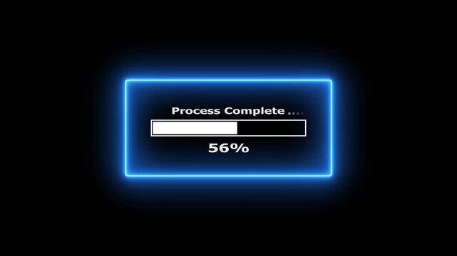A digital loading bar shows progress with glowing blue neon frame on black background motion.