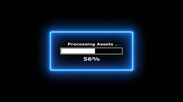 Abstract processing assets status bar glowing blue neon frame on black background motion.