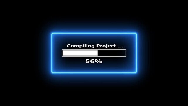 Digital loading progress bar displaying compilation status with glowing neon frame.