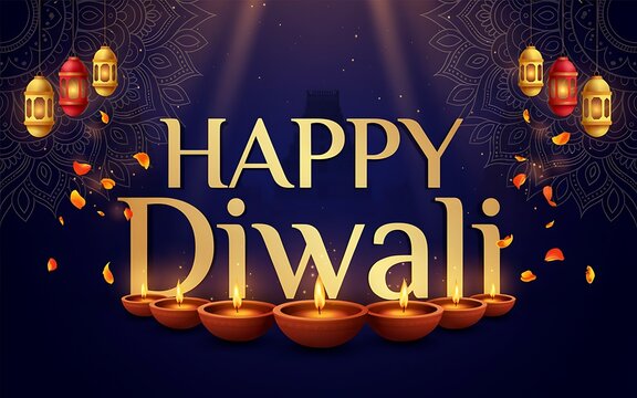 Happy diwali celebration with golden text and traditional hanging oil lamps on a dark background