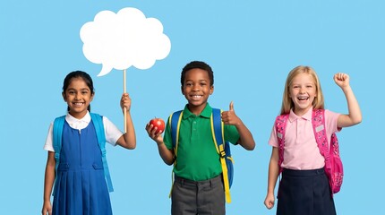 Obraz premium Group of diverse elementary students with backpacks holding a blank speech bubble on blue background.