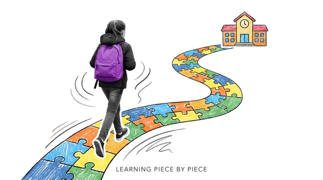 Schoolgirl walking on a colorful puzzle piece path towards a school building illustration concept