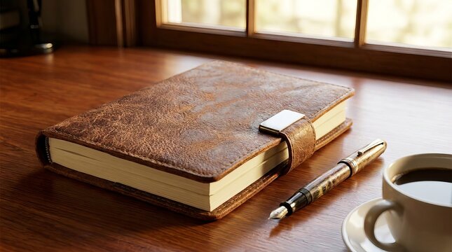 A vintage leather bound journal rests beside a steaming cup of coffee and a classic pen on a wooden table near a window